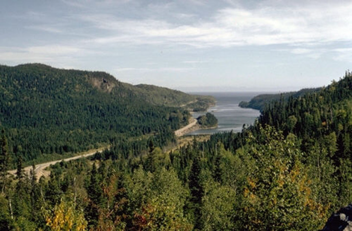 Figure 11: North Shore of the Gulf of St. Lawrence, Quebec - This photograph portrays a long, narrow inlet adjoining the Gulf of St. Lawrence, which can be seen in the background. The terrain is covered by coniferous and broadleaved trees.