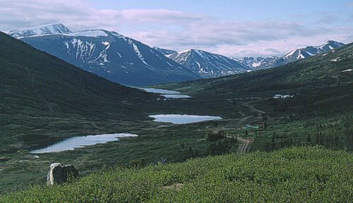 Figure 25: Pelly Mountains, Yukon - This photograph shows a valley which has a very pronounced U-shape. The valley is covered mainly with shrubs but there are some conifer trees at the bottom. There are also four small lakes at the bottom of the valley and snowy mountain peaks in the background.