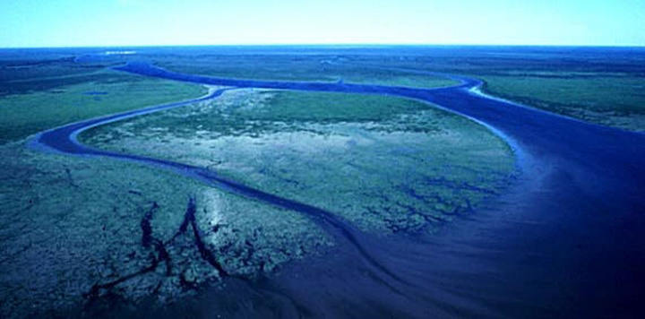 Figure 7: Attawapiskat River, Ontario - This photograph shows a flat landscape with a three branch river mouth flowing into a wider body of water. At the mouth of the river, there are two large round islands covered by low vegetation.